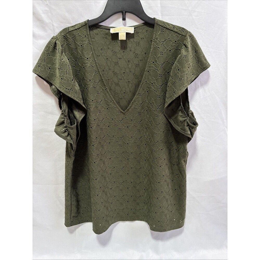 Michael Kors Top Womens Large Green Blouse Ruffle Floral Boho Cottage Fairy